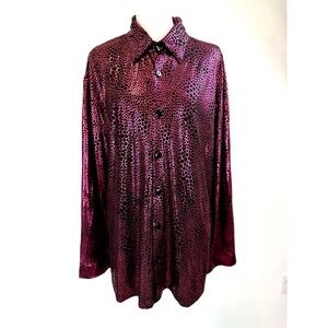 Vintage Y2K Metallic Pink Black Animal Print Button Front Blouse Shirt Medium